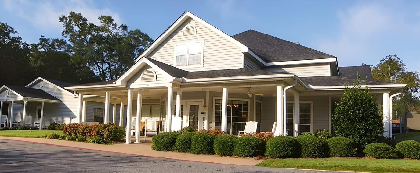Exterior view of Brookdale Hartwell facility with landscaped entrance