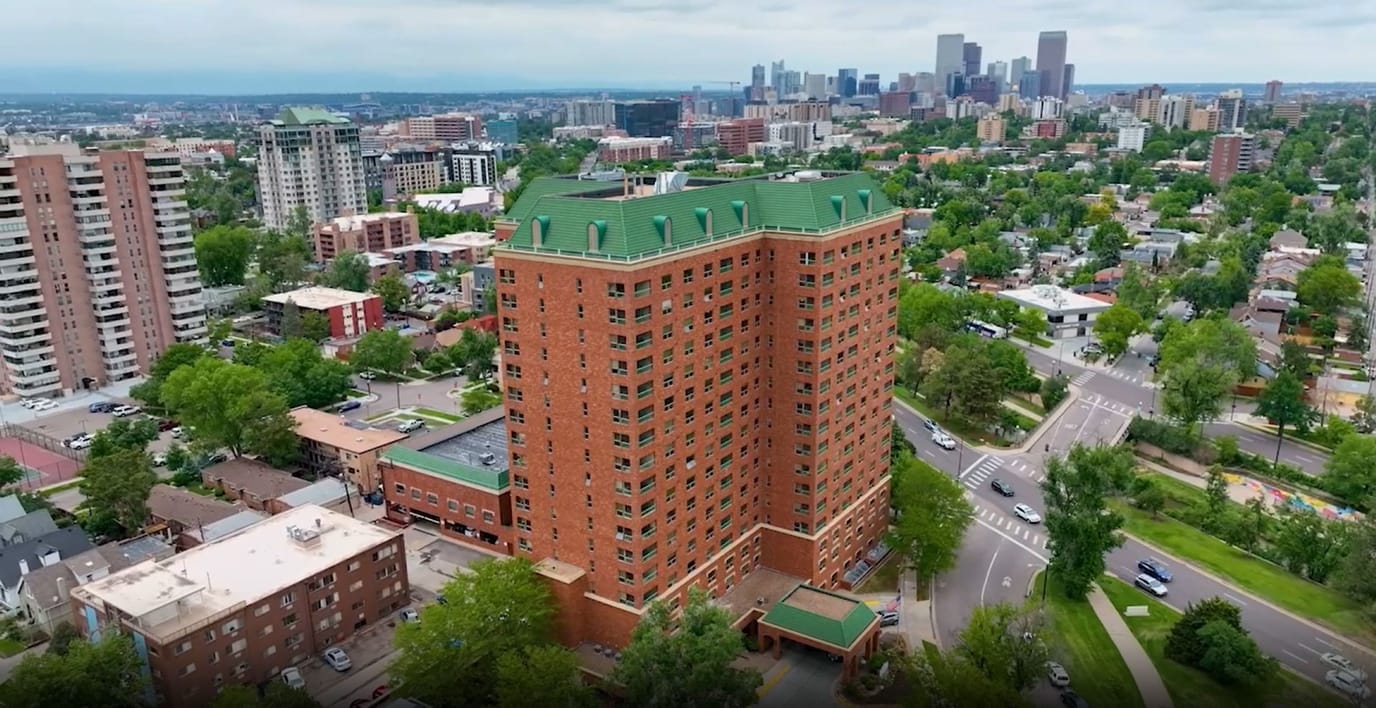 Aerial view of a senior living facility building