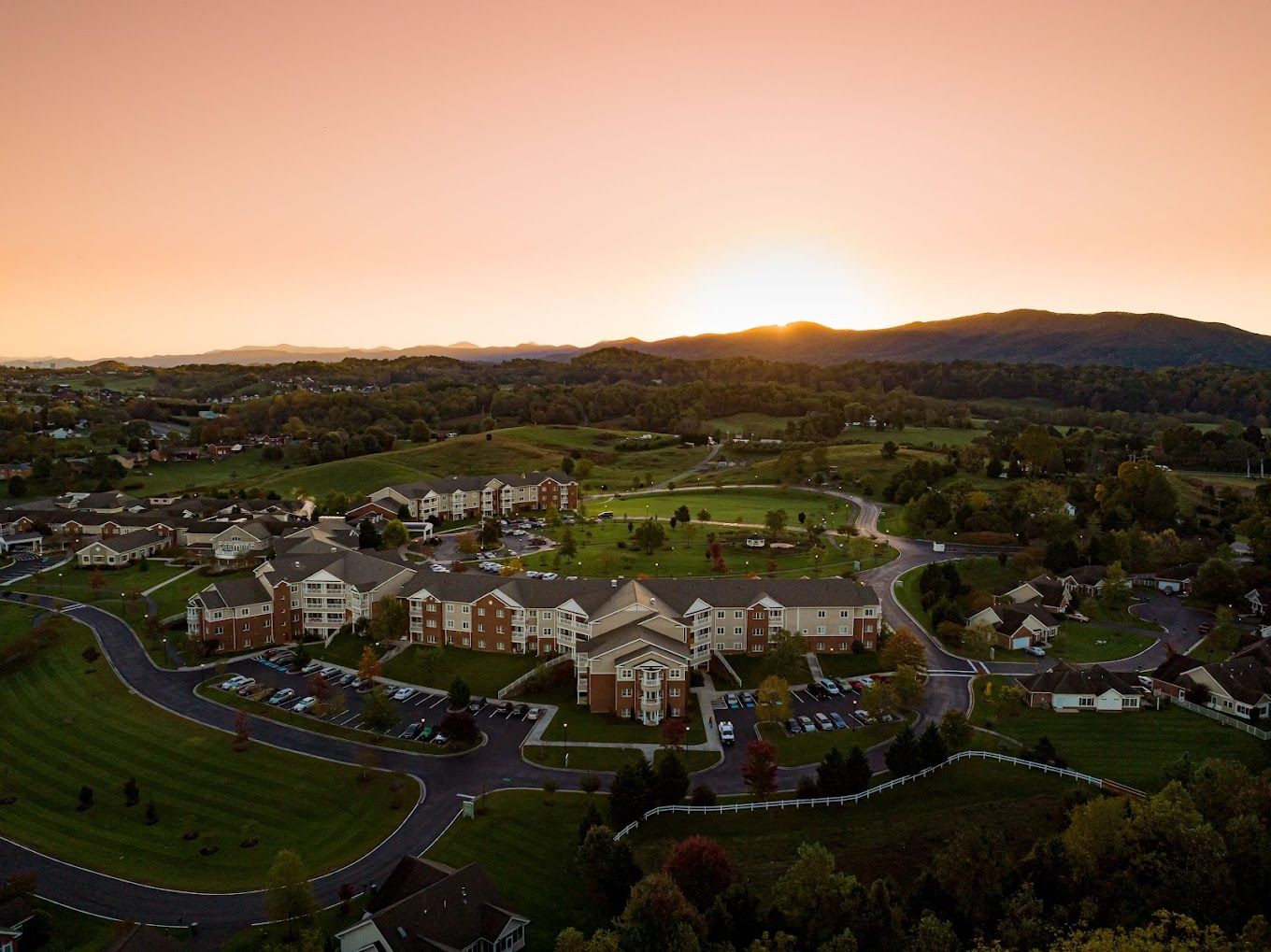 Aerial view of The Glebe Retirement Community at sunset