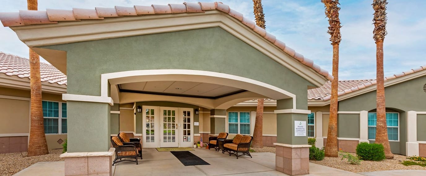 Exterior view of a senior living facility entrance