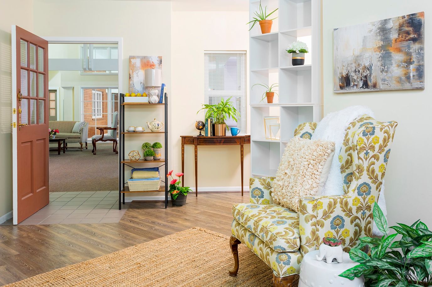 Bright interior view of a common area with seating