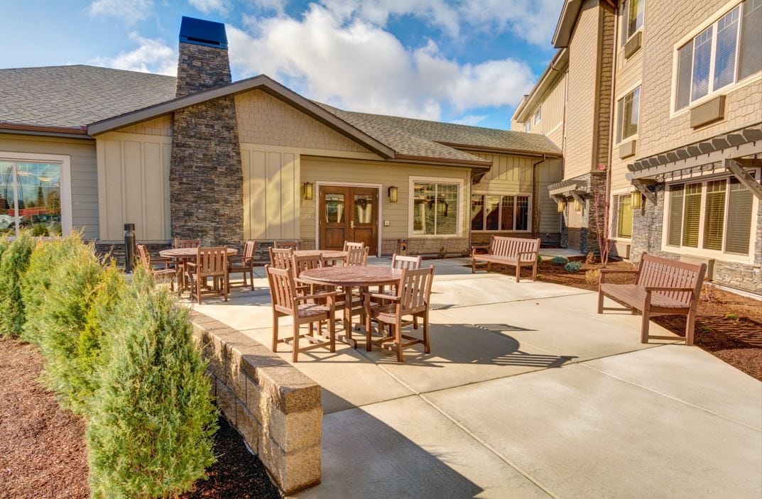 Outdoor patio area with seating arrangements