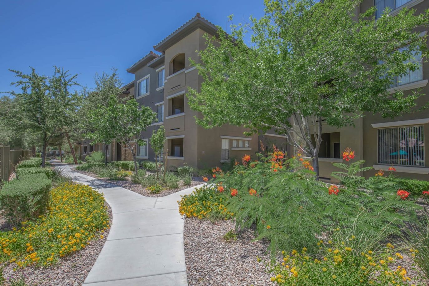 Pathway surrounded by landscaping at a senior living facility
