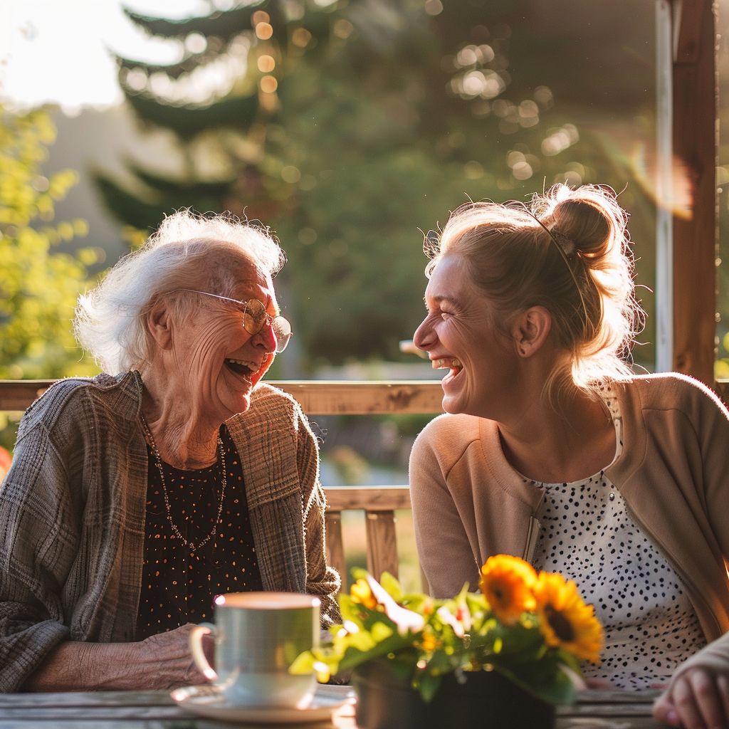 Two women laughing in a garden setting
