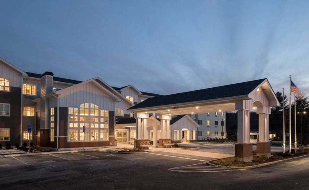 Exterior view of Charter Senior Living of Brookfield at dusk
