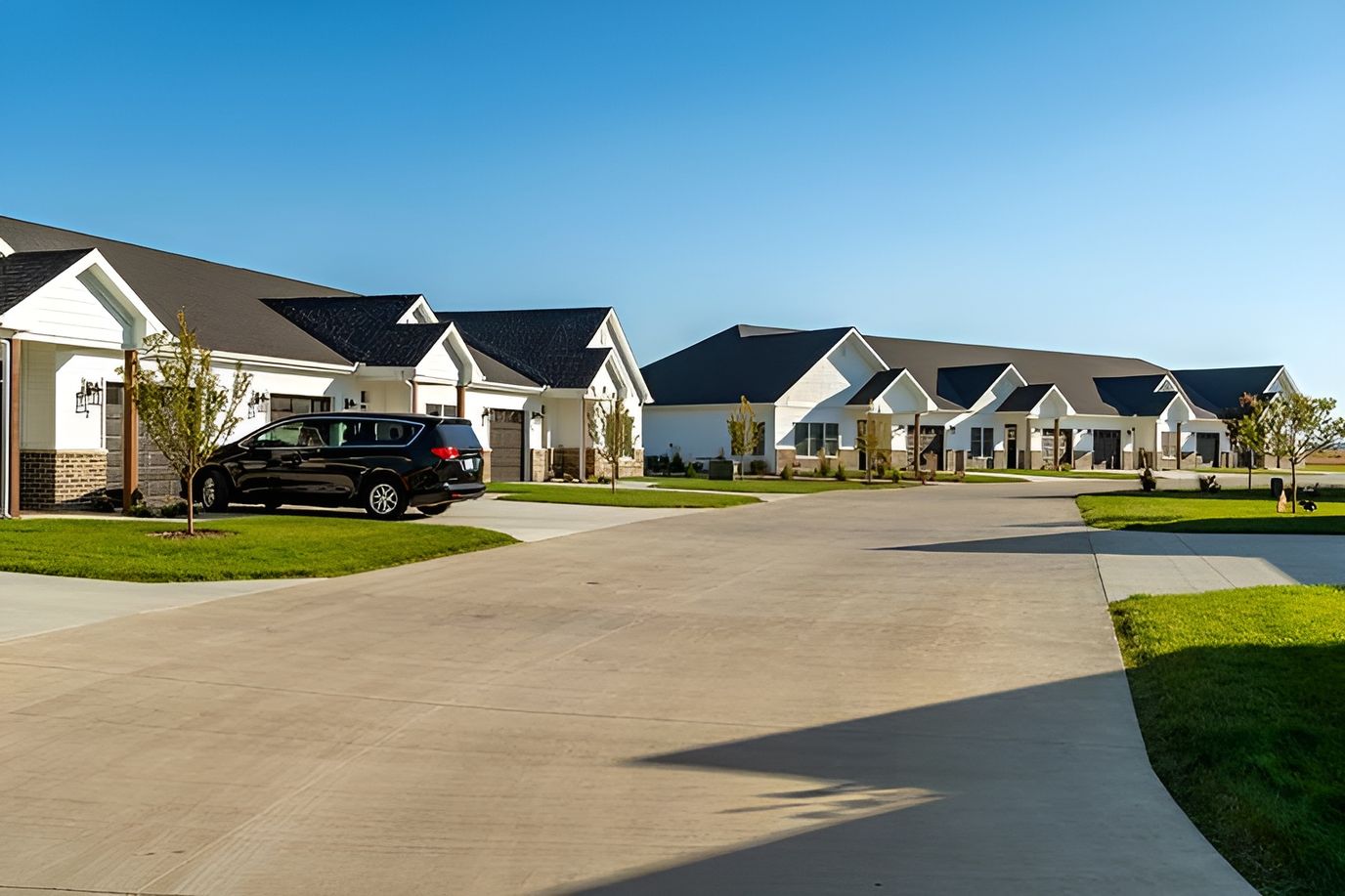 Exterior view of senior living cottages and driveway