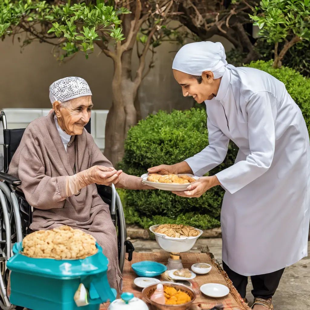 An elderly woman receiving cookies from a staff member in a garden