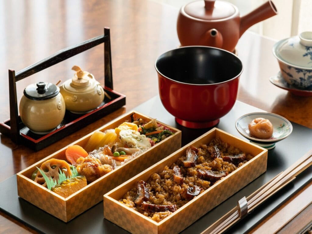 A beautifully arranged meal on a table.