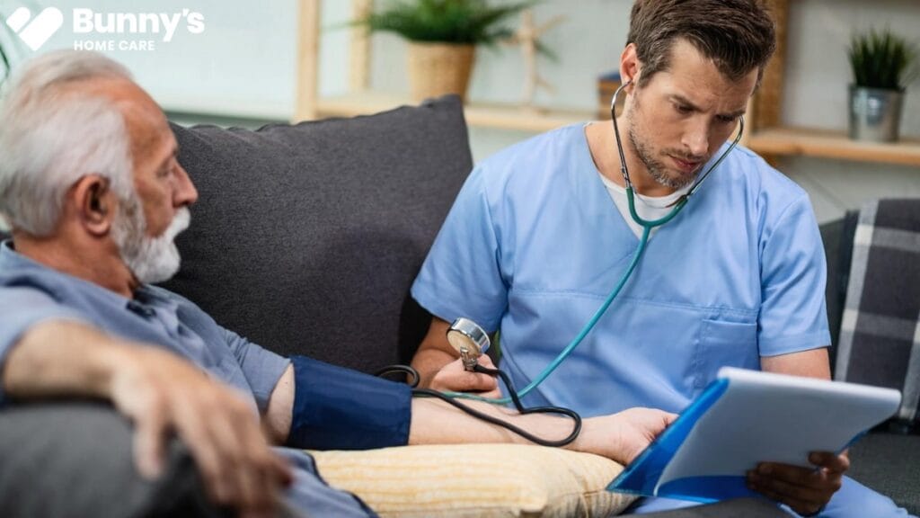 Healthcare professional assisting a senior resident