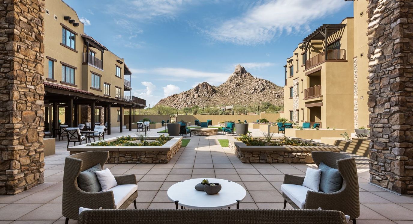 Outdoor seating area with mountain view