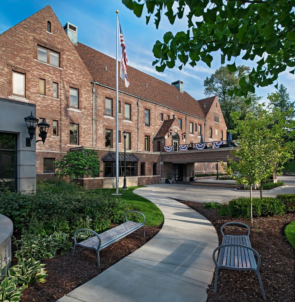Exterior view of American House Grosse Pointe with gardens