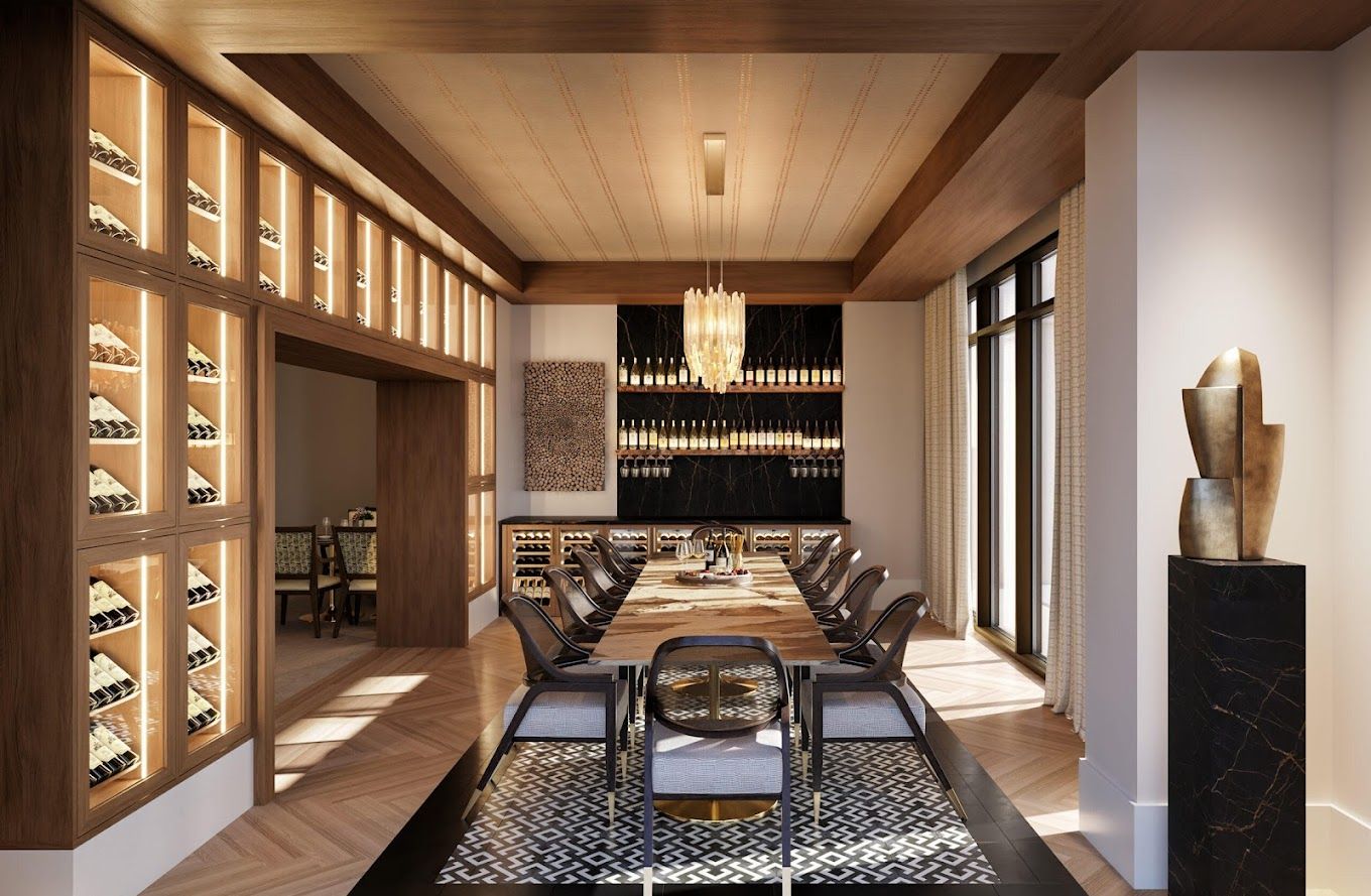 Elegant dining room with a large table and wine display