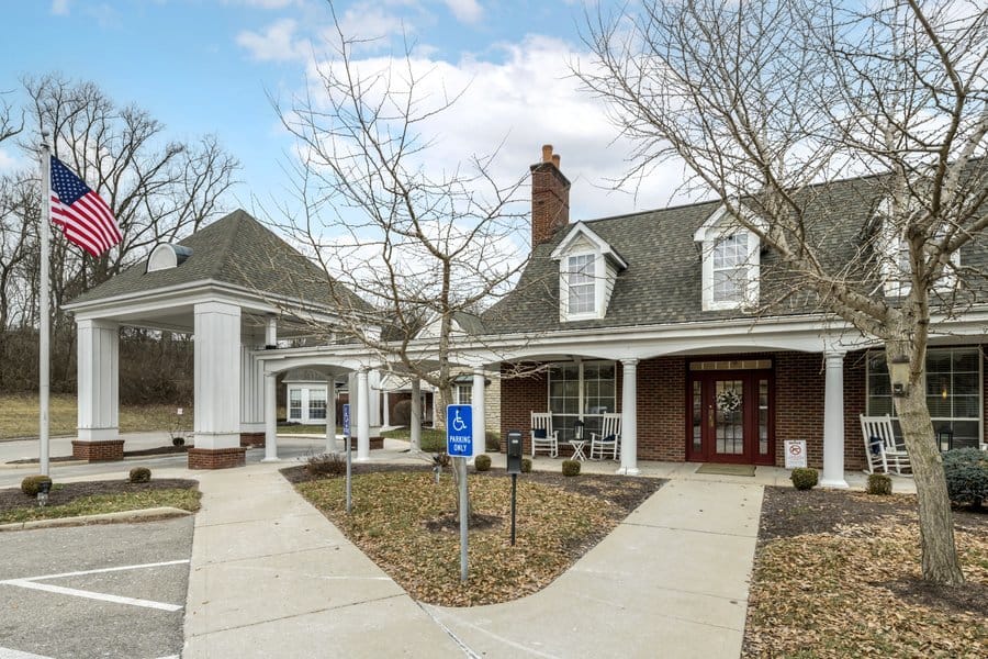 Exterior view of Brookdale Englewood with American flag
