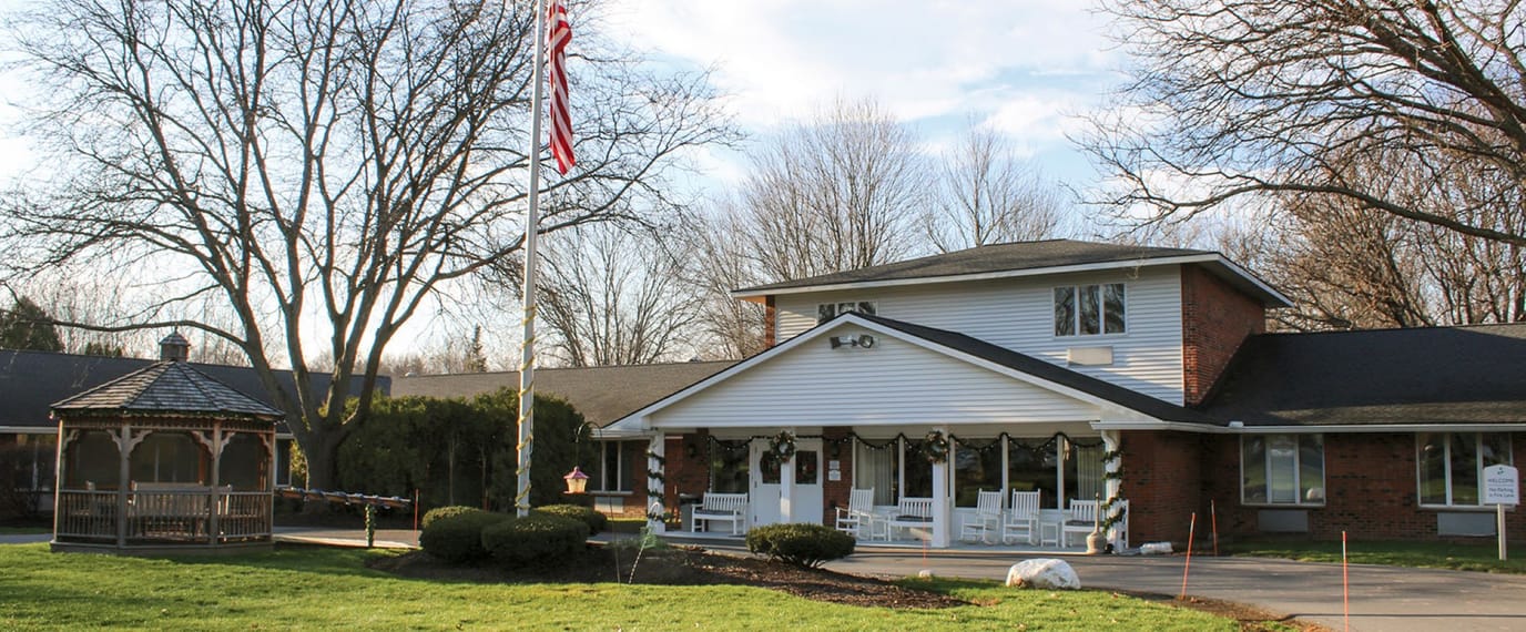 Exterior view of Brookdale Liverpool with a gazebo