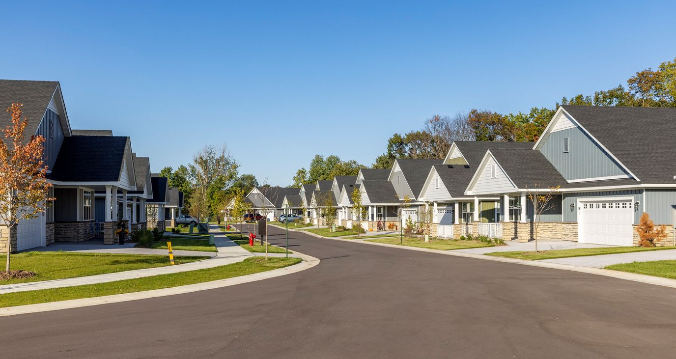 Street view of residential homes in a senior living community