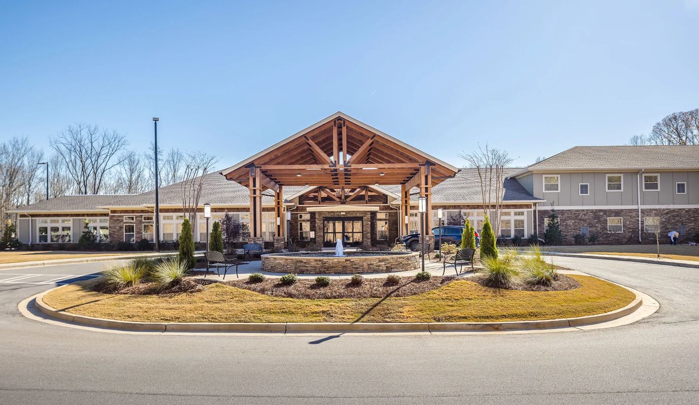 Exterior view of the main entrance and landscaping