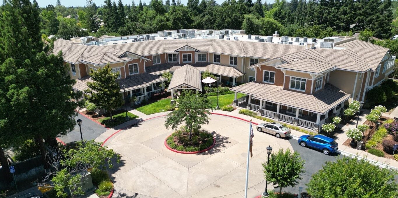 Aerial view of Sunrise of Carmichael's building and outdoor area