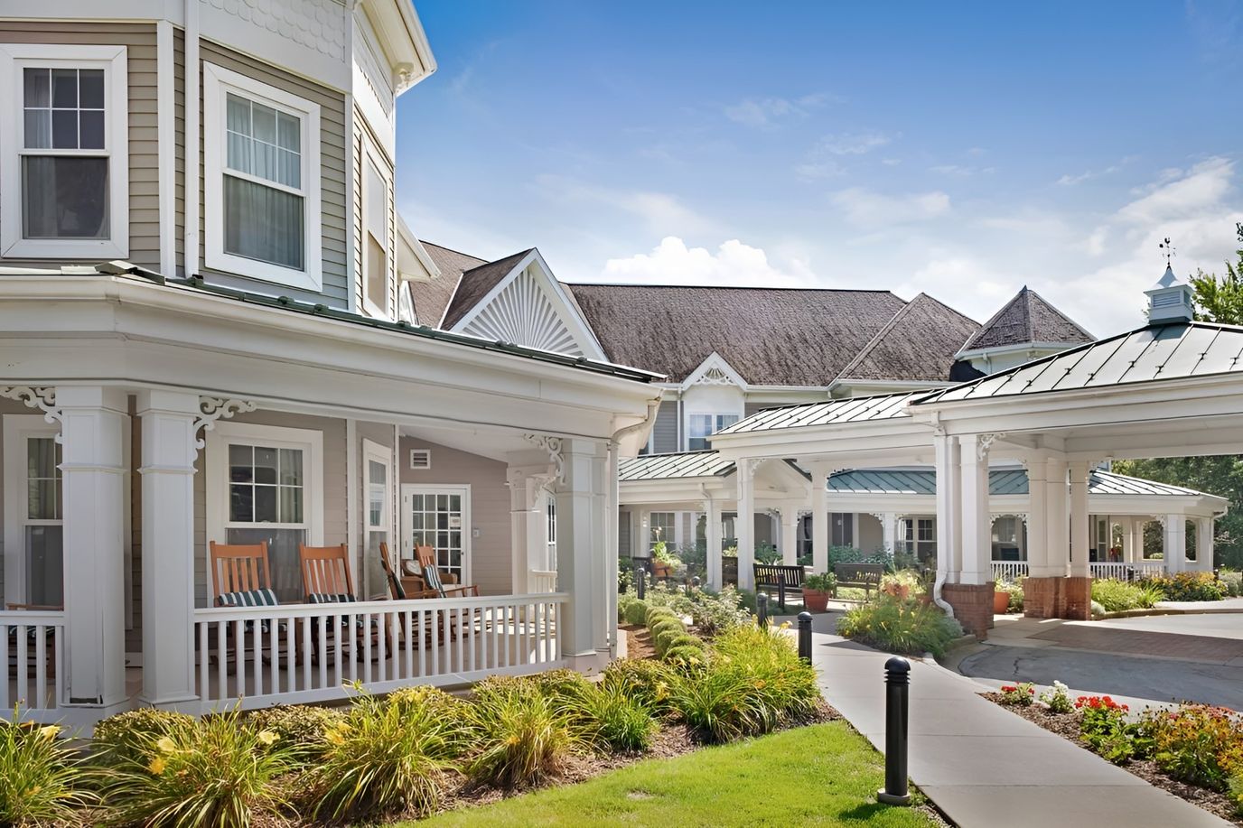 Exterior view of the assisted living facility with porches