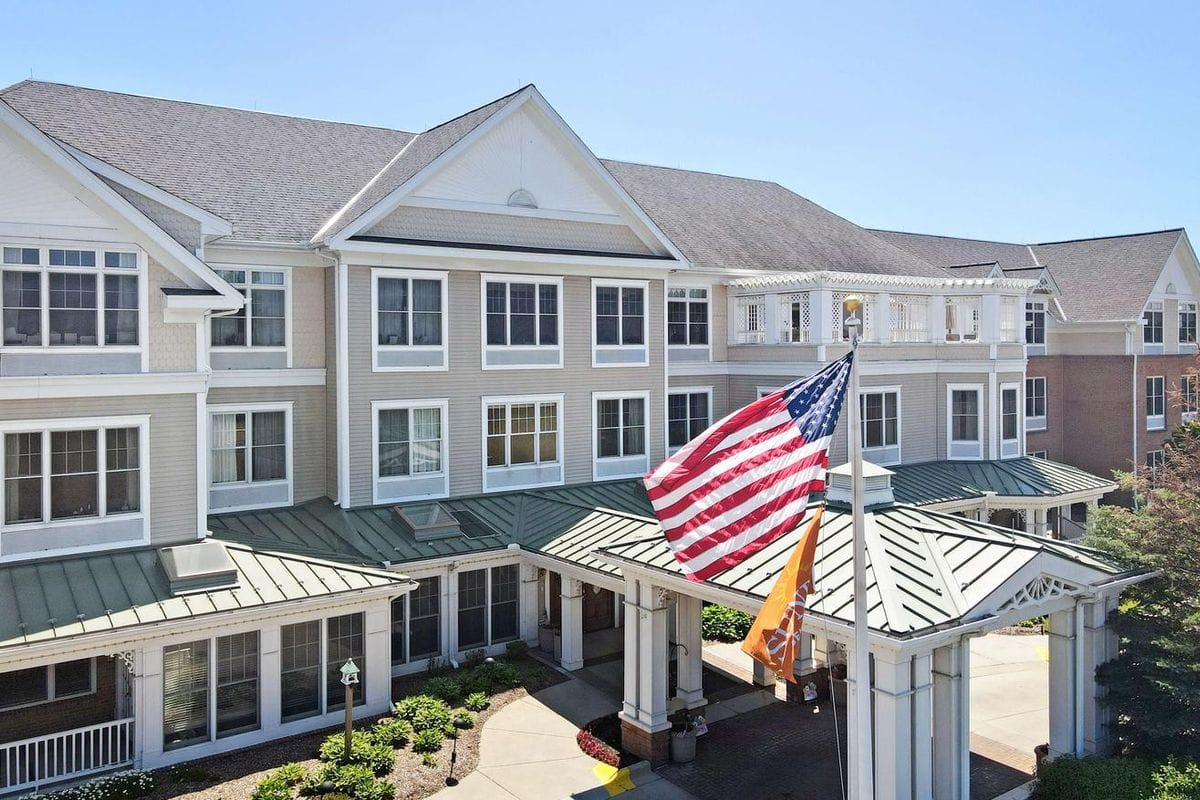 Exterior view of the facility with American flag