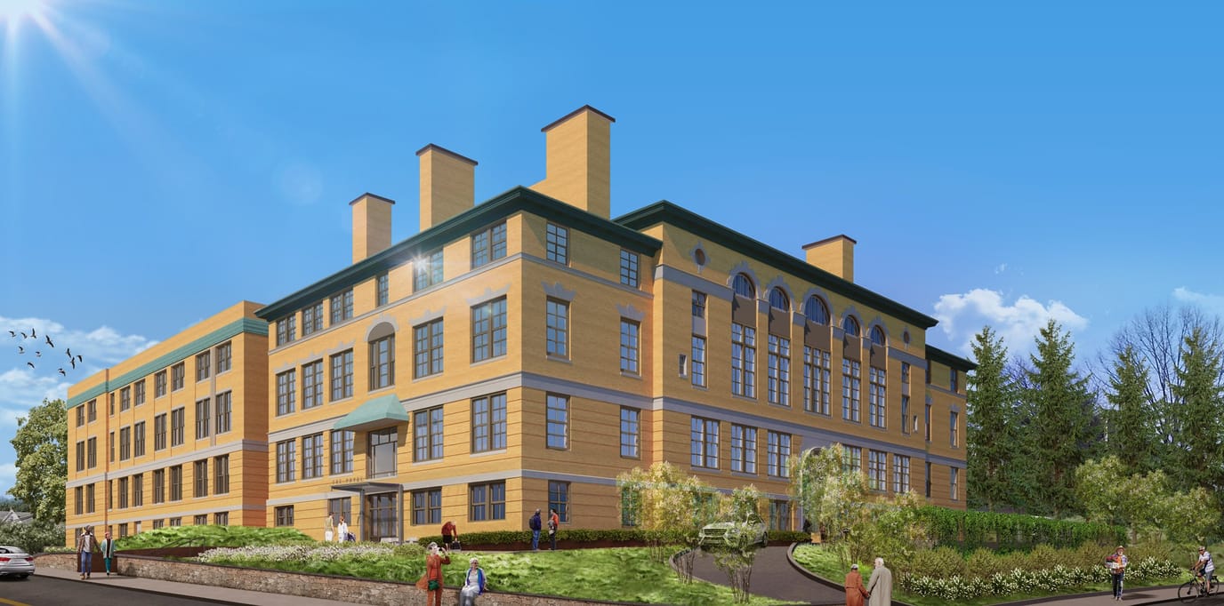 Exterior view of The Pryde with residents outside