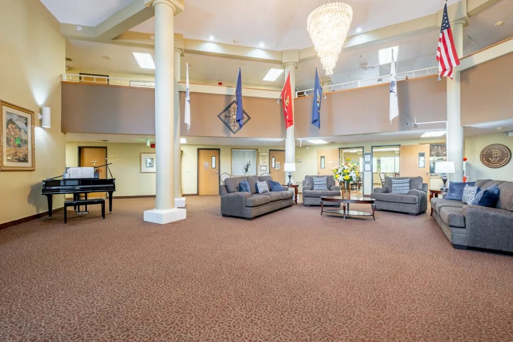 Bright, spacious lobby with seating and decorations