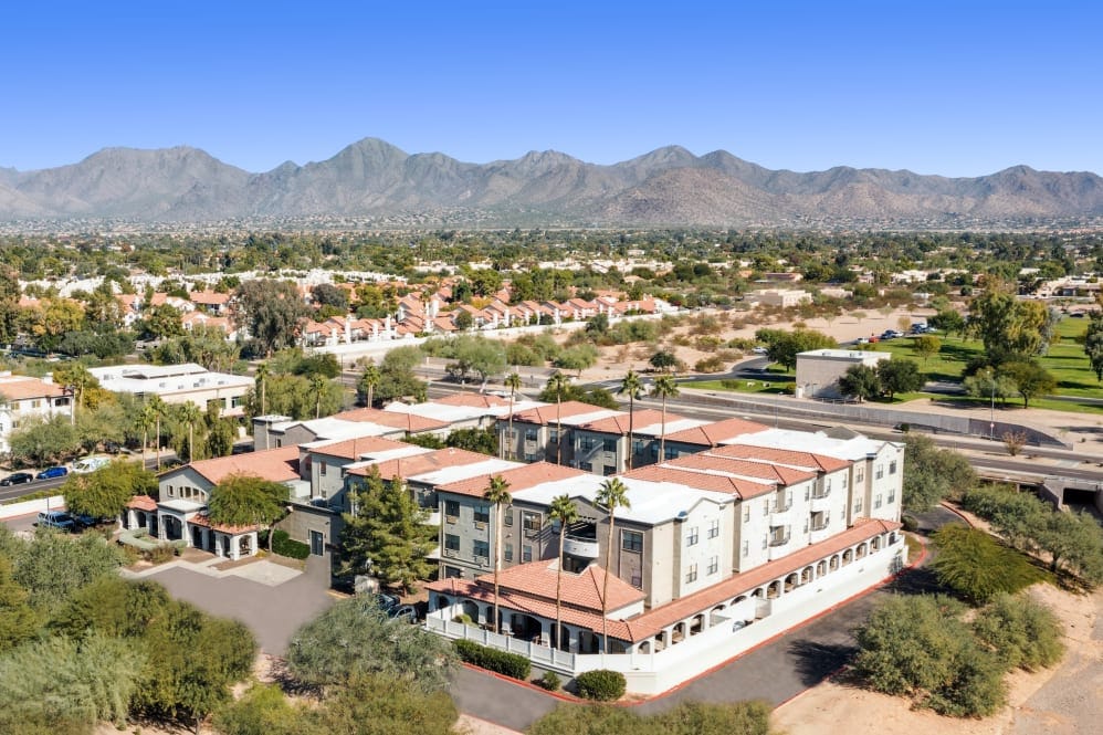 Aerial view of Truewood by Merrill with mountains in the background
