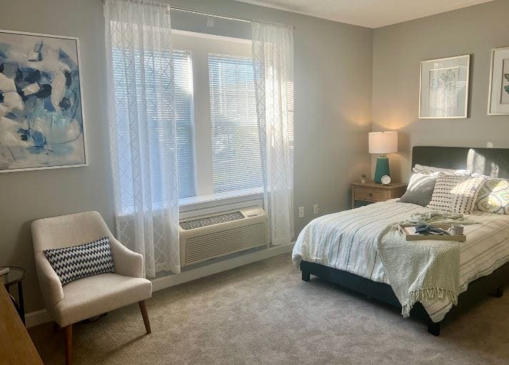 A cozy bedroom with natural light and decor.