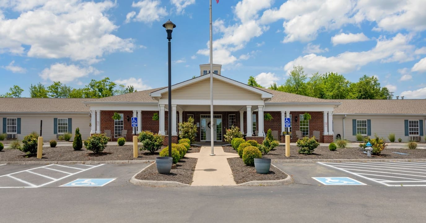 Front entrance of Brookdale Greeneville with landscaped area