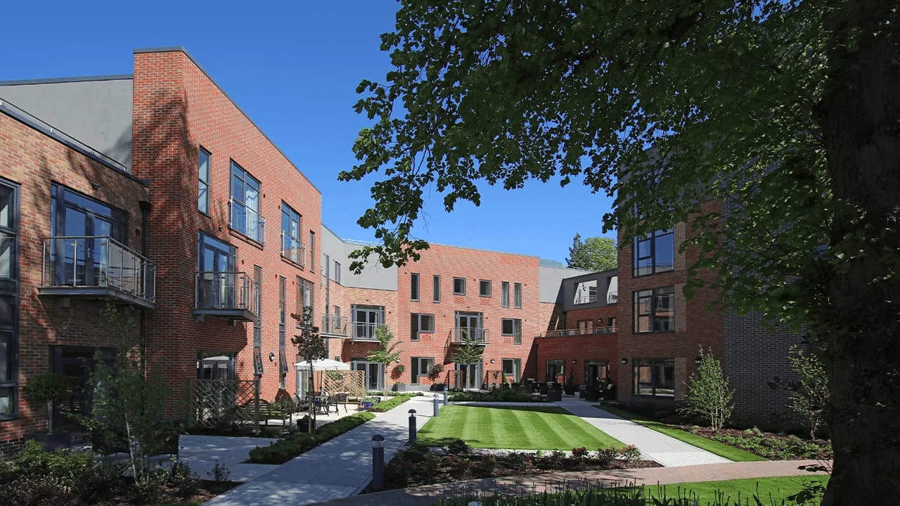Exterior view of the facility's landscaped courtyard