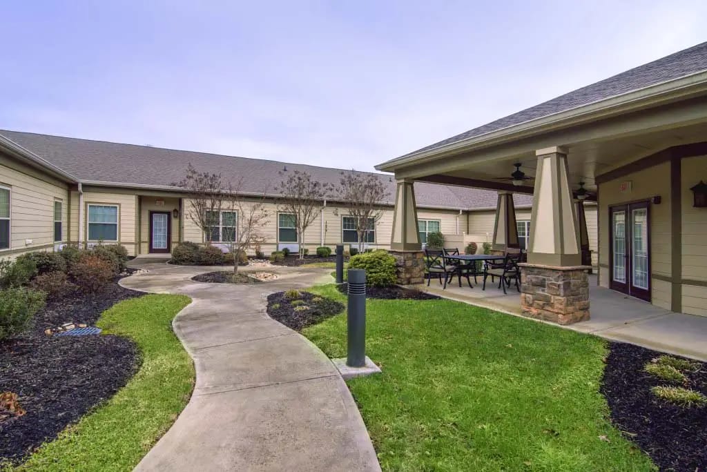 Outdoor view of facility garden and walking path