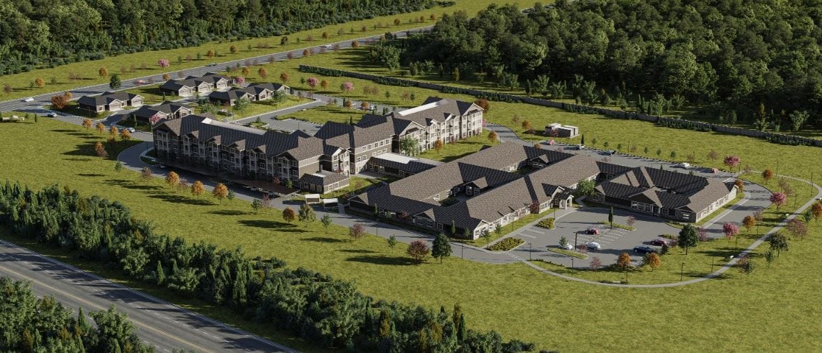 Aerial view of the Rushwood Senior Living campus surrounded by greenery
