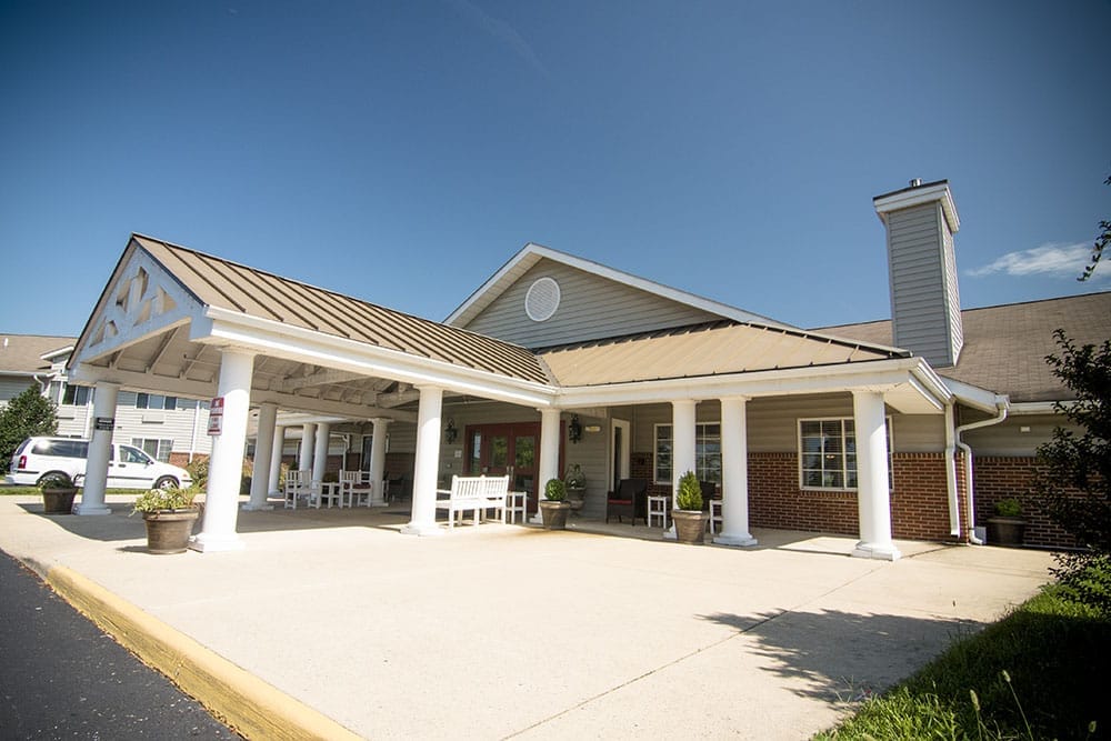 Exterior view of a senior living facility entrance