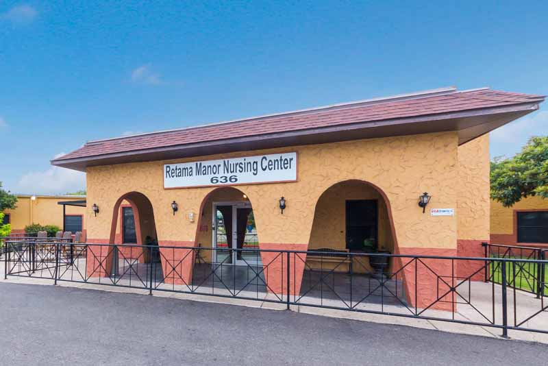 Exterior view of Retama Manor Nursing Center entrance