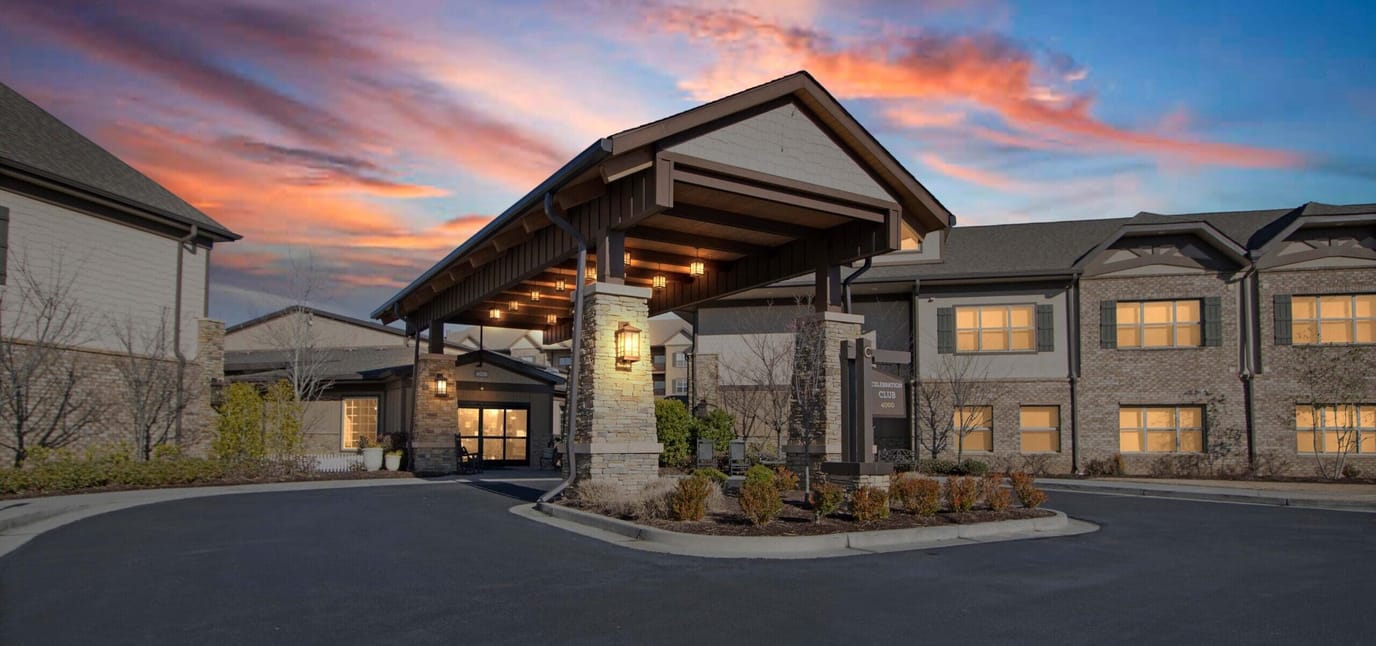 Entrance with covered awning and beautiful sunset