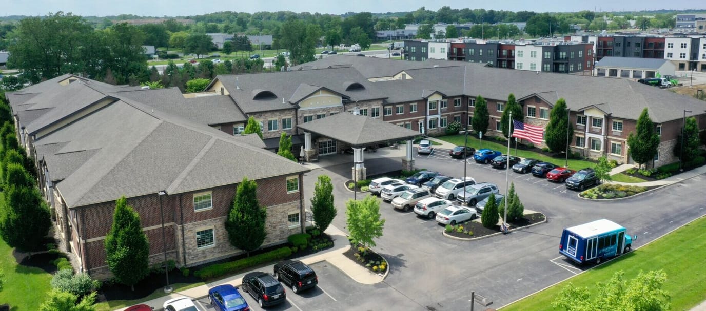 Aerial view of Hilliard Assisted Living and Memory Care with parking