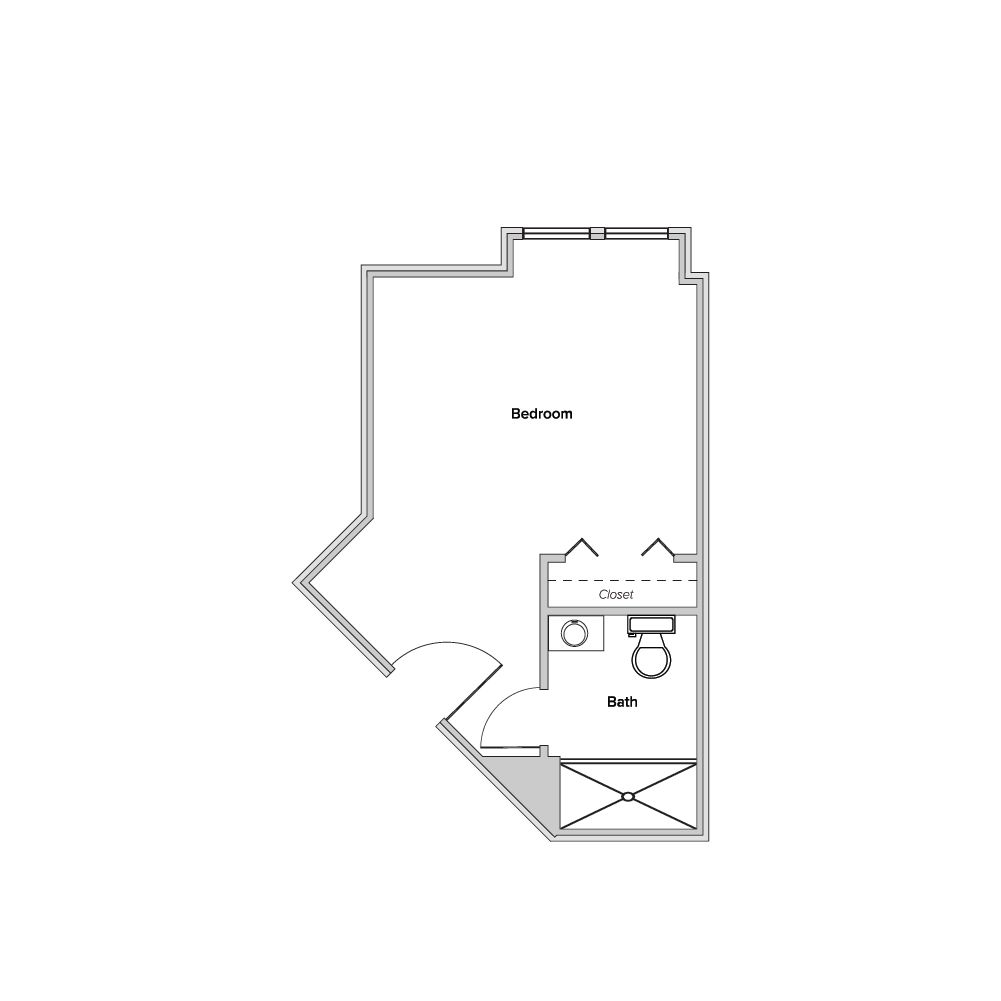 Architectural floor plan of a bedroom and bath