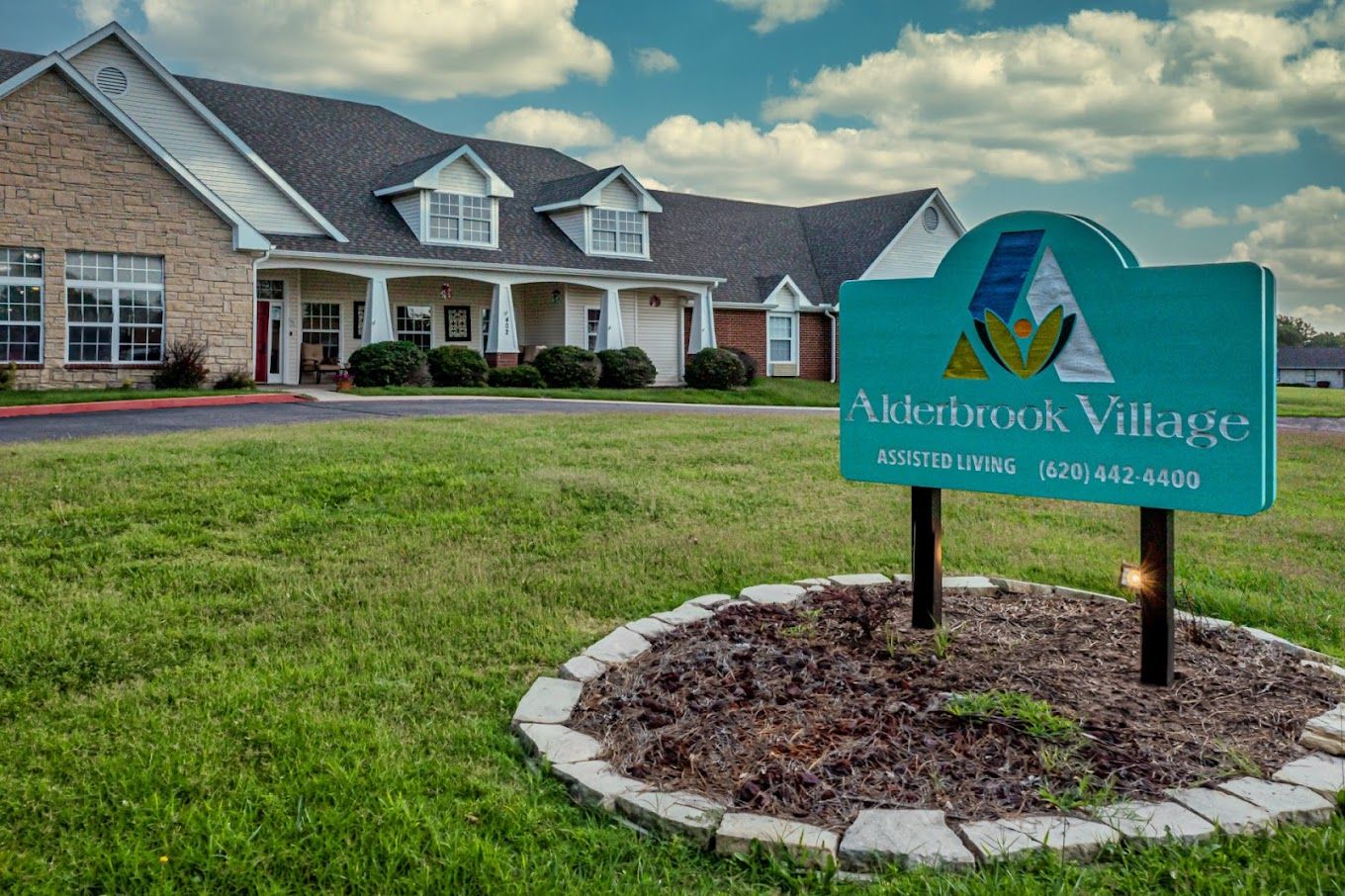 Exterior view of Alderbrook Village assisted living facility