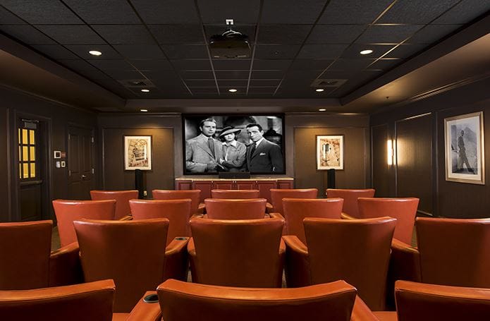 Interior of a theater room with red seating