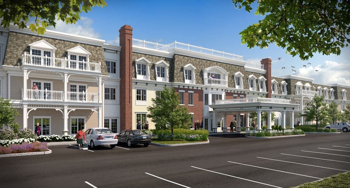 Exterior view of Brightview Canton with residents and vehicles