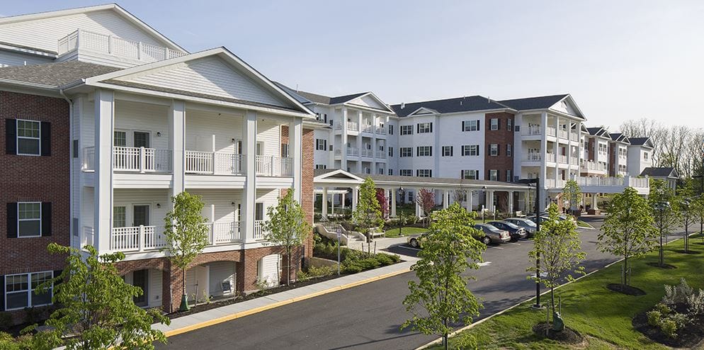 Exterior view of Brightview Randolph with landscaped grounds