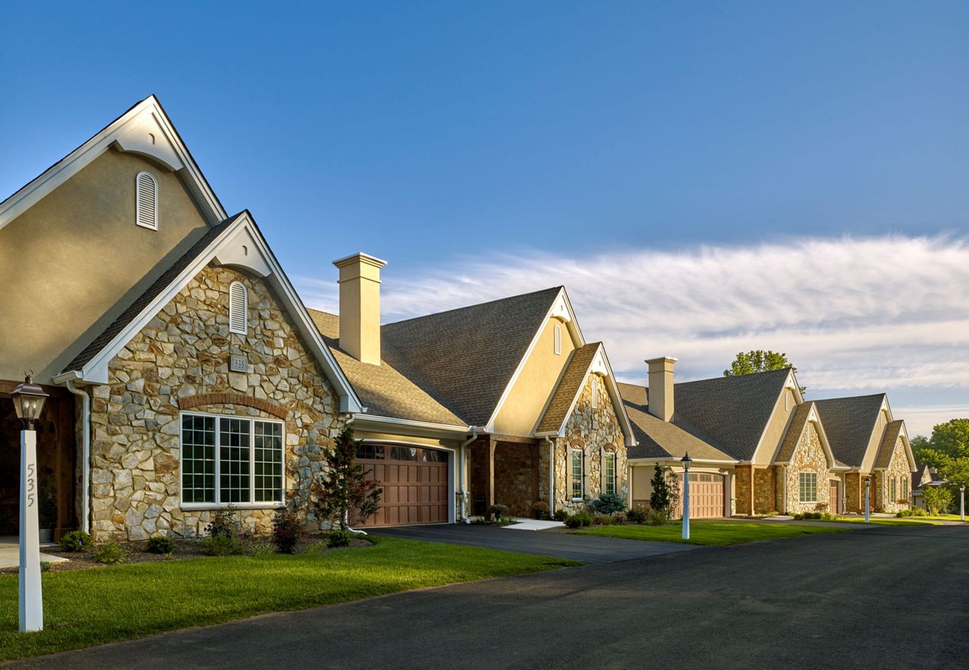 Exterior view of residential buildings in a senior living community