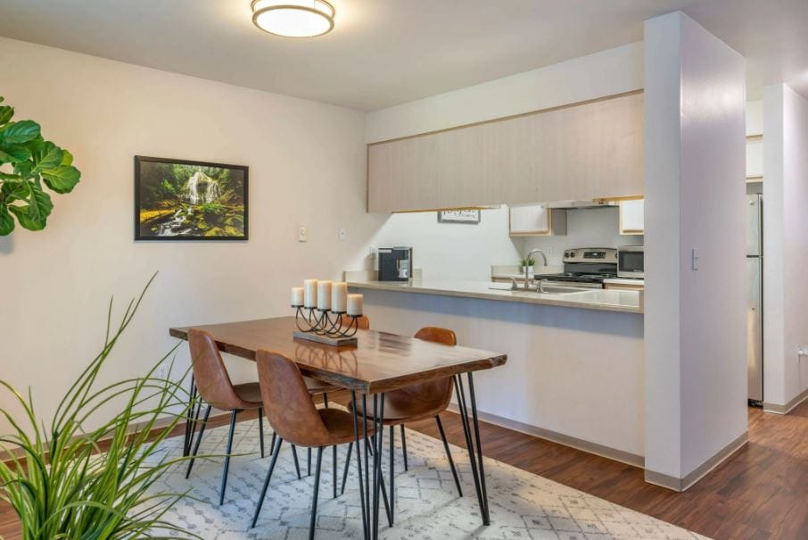 Cozy interior space with a dining table and kitchenette