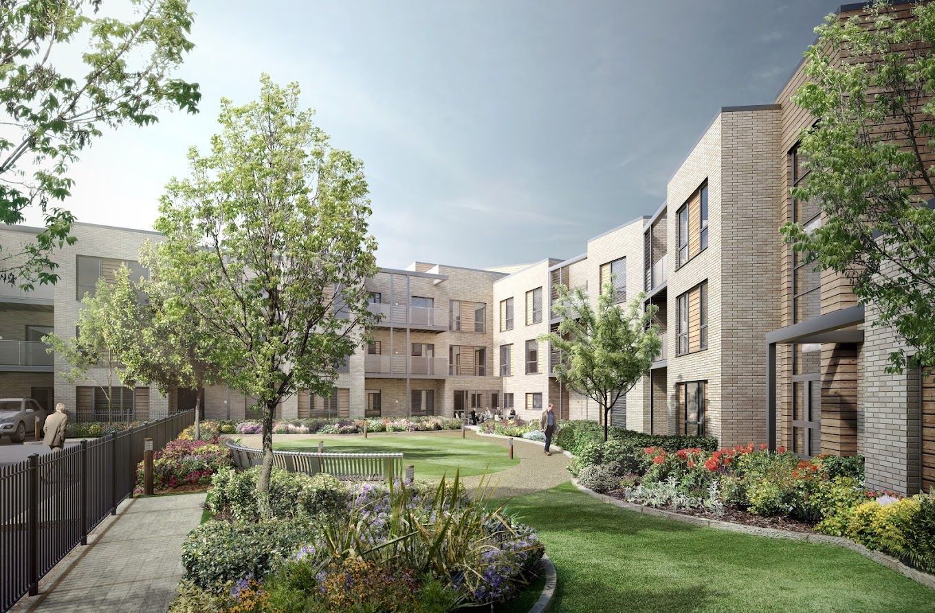 Outdoor view of a senior living facility with gardens