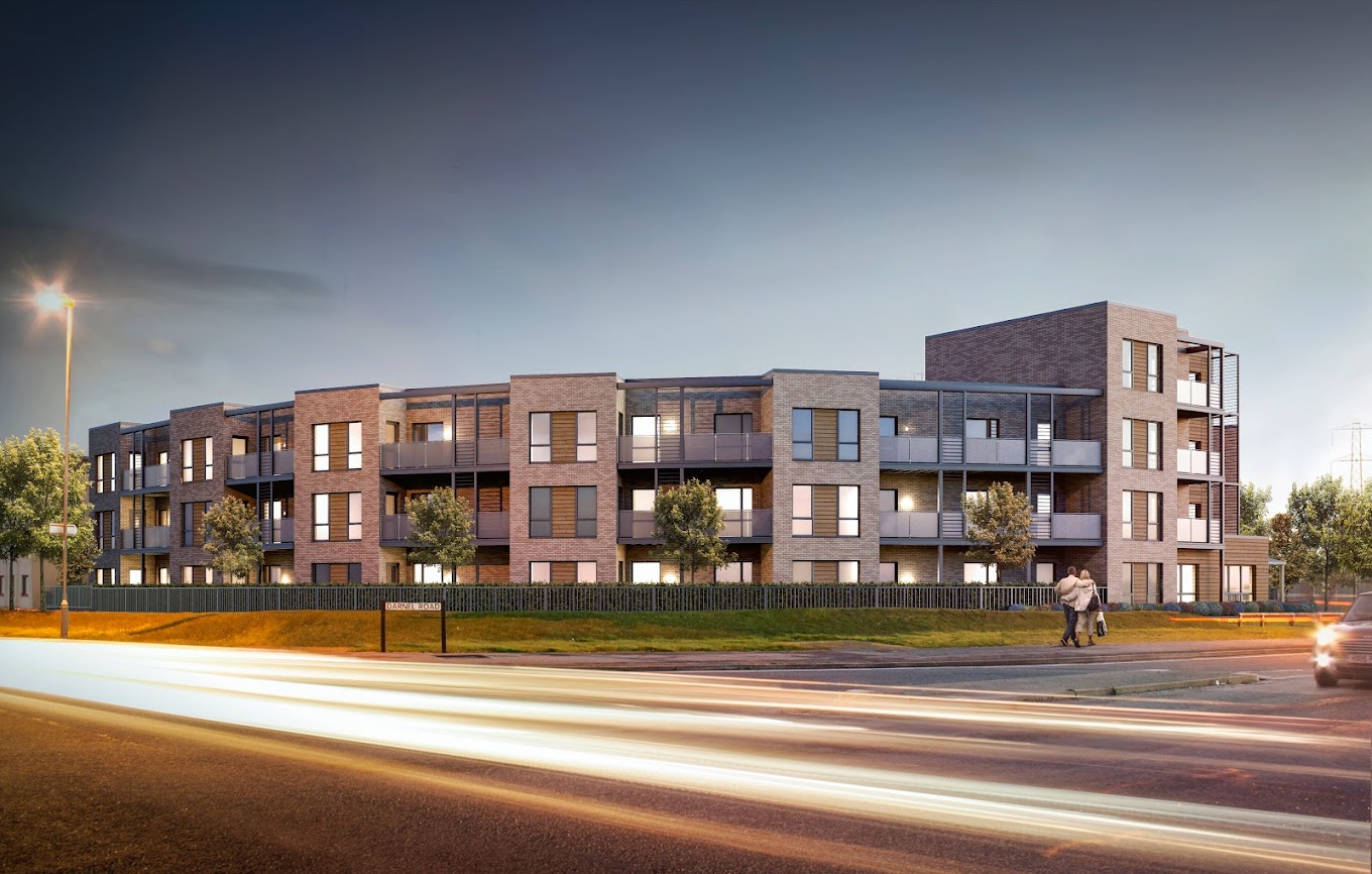 Modern retirement apartments exterior with residents