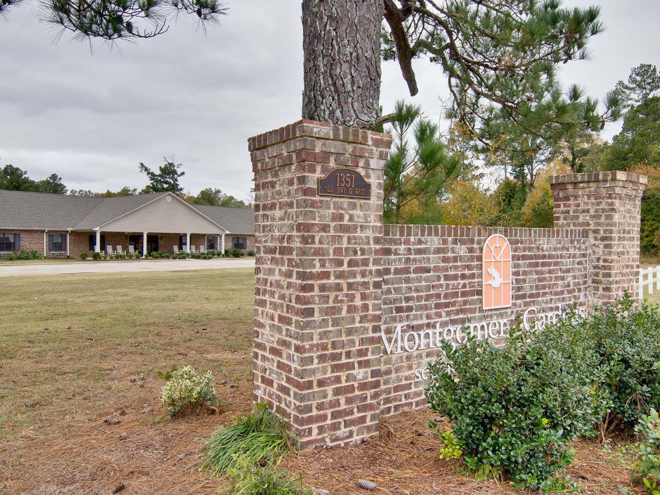Exterior view of Montgomery Gardens facility sign