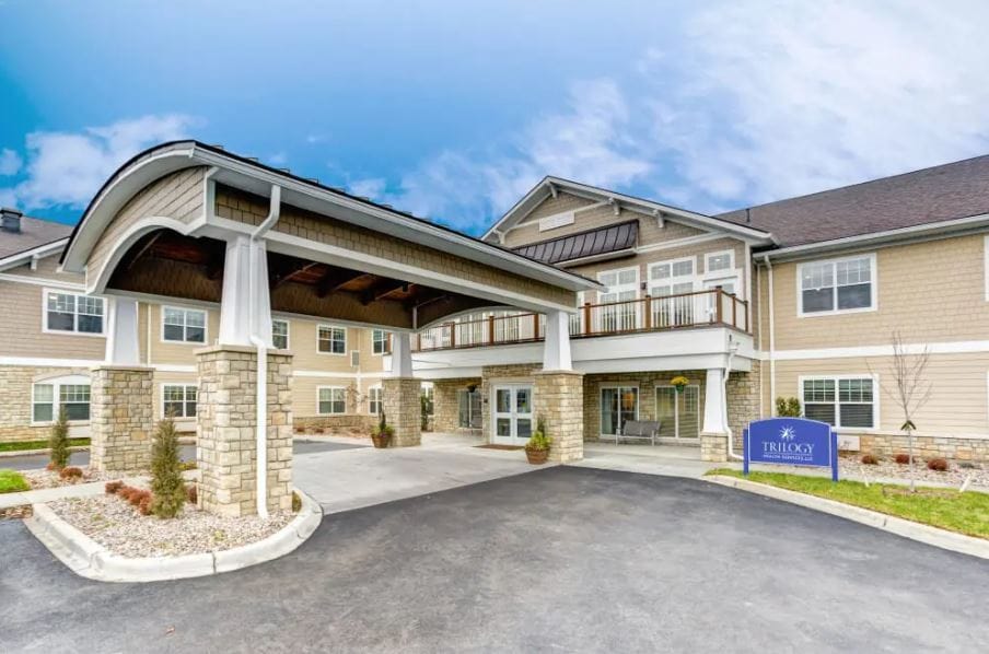 Exterior view of the Trilogy senior living facility entrance
