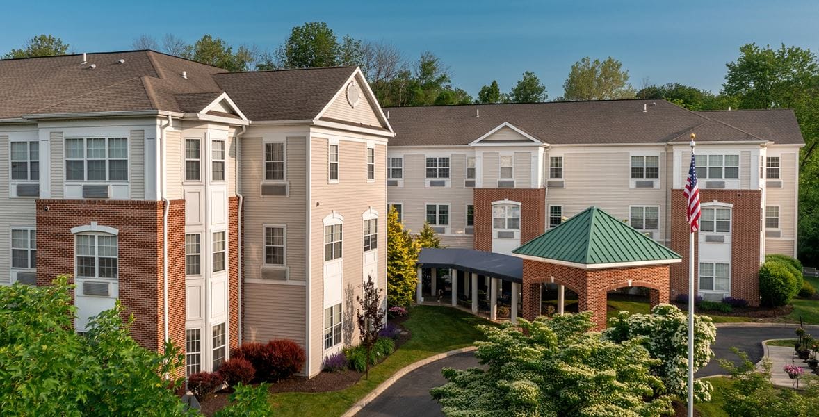 Aerial view of Rose Tree Place facility exterior and entrance