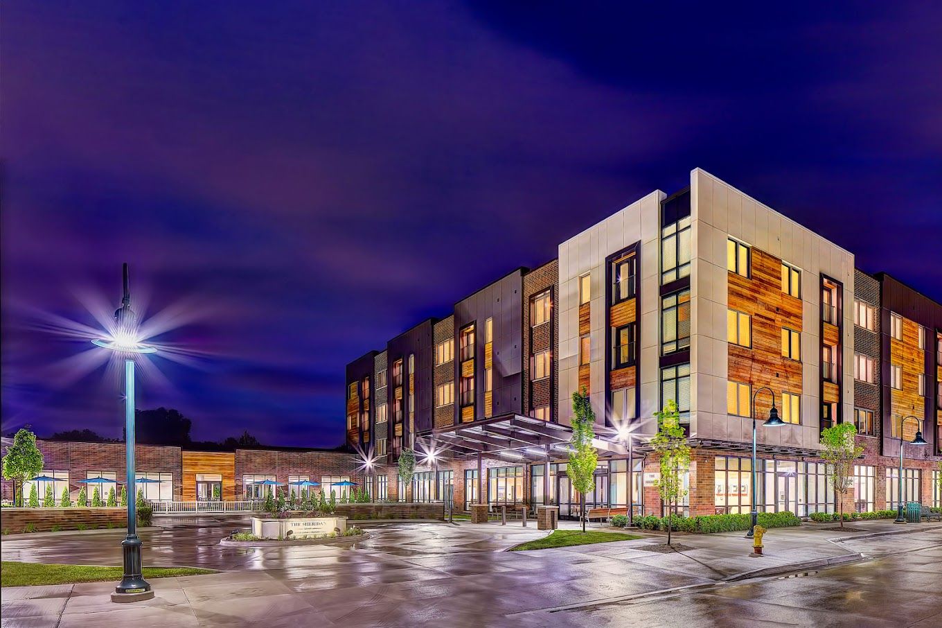 Exterior view of StoryPoint Birmingham at night