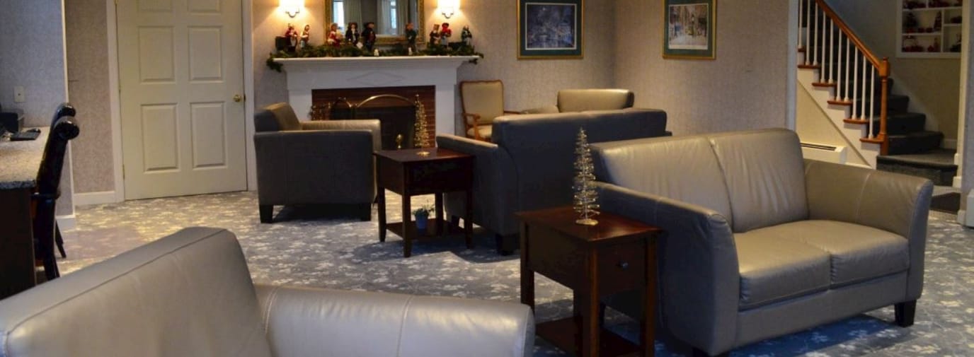 Cozy common area with seating and holiday decor