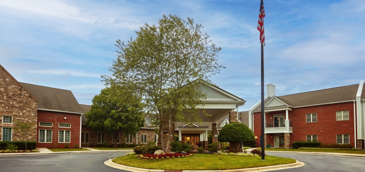 Exterior view of a senior living facility entrance